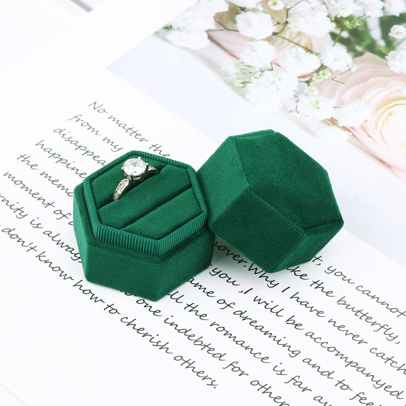 DesignSter Hexagon Velvet Ring Box - Premium Gorgeous Vintage Double Ring Display Holder with Detachable Lid Ring Bearer Box or Proposal, Engagement, Wedding, Ceremony ï¼ˆEmeraldï¼‰ - Image 5